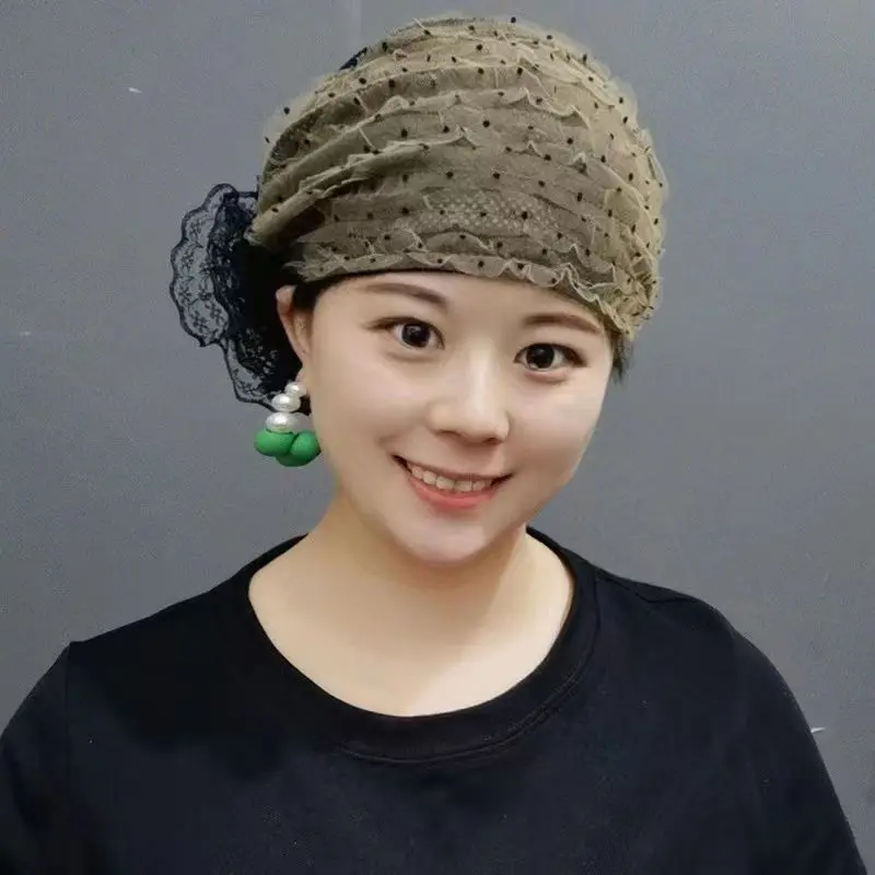 메쉬 레이스 캡 언더 스카프 꽃 히잡 물방울 무늬 터번 통기성 모자 여성 헤드 스카프 무슬림 탈모 보닛 비니 헤드밴드
