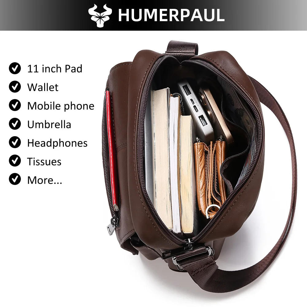 حقيبة كروس من الجلد الطبيعي للرجال من HUMERPAUL حقيبة كتف صغيرة عتيقة للاستخدام اليومي مع حزمة حبال قابلة للتعديل