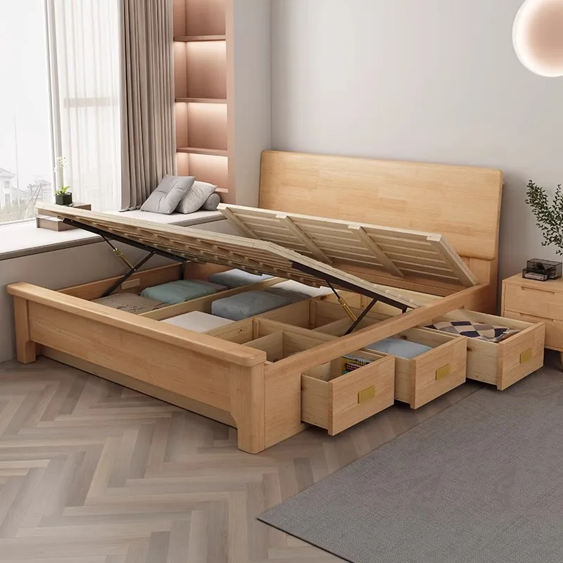 Modern simple double storage bed all solid wood high box storage small apartment