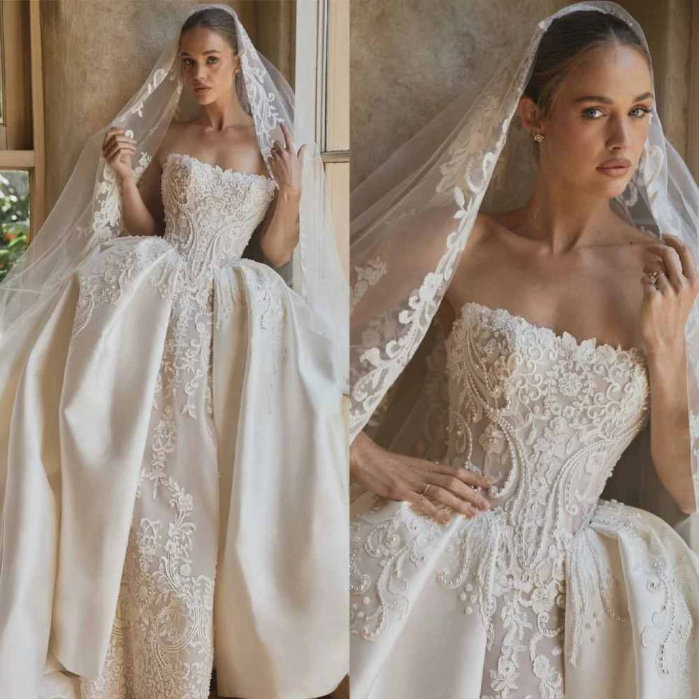 Elegant A Line Wedding Dress For Women Strapless Sleeveless Bridal Gown Lace Pearls Sweep Train Dresses Custom Made Vestidos