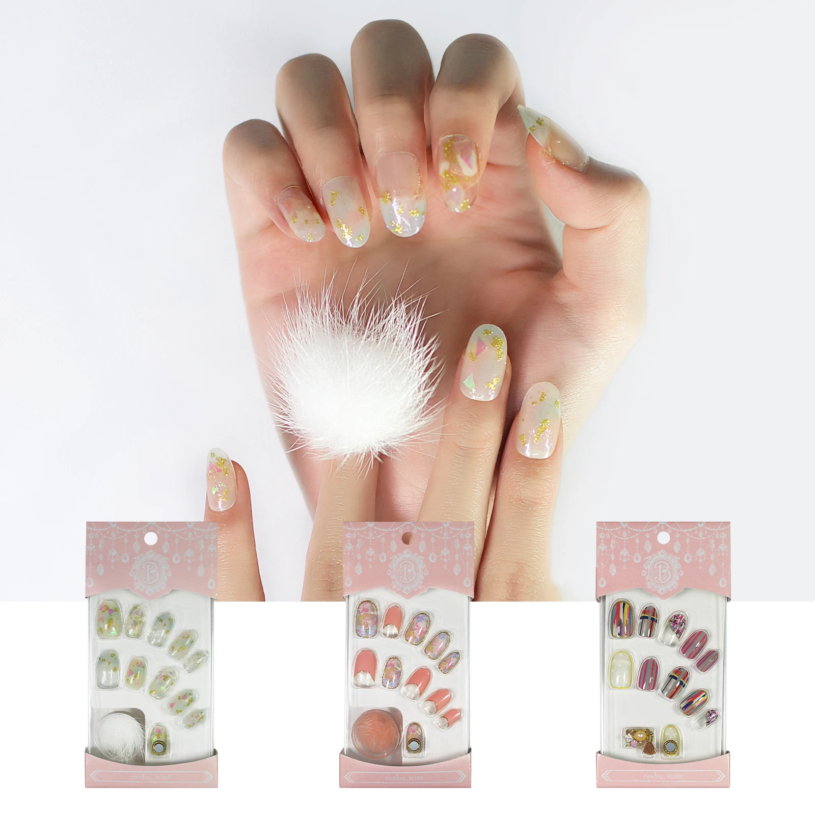 Press On Fake Nails Bundel Selling 3Set Free Shipping With Box Furry Jewelry Short Almond Fingernails Adhesive Already  Magnet