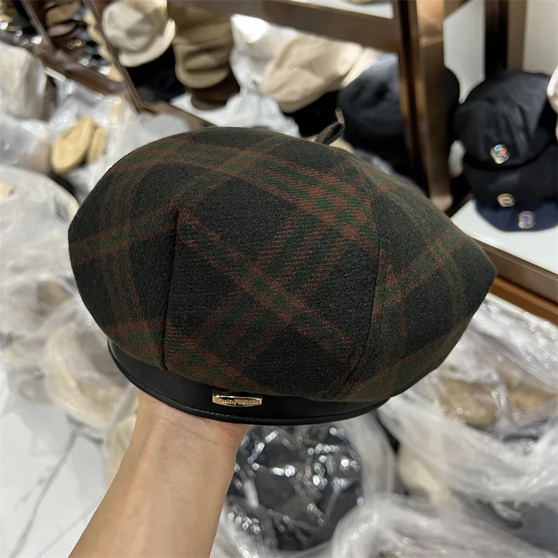 Big head leather edge beret female British retro plaid woolen octagonal hat versatile painter hat female