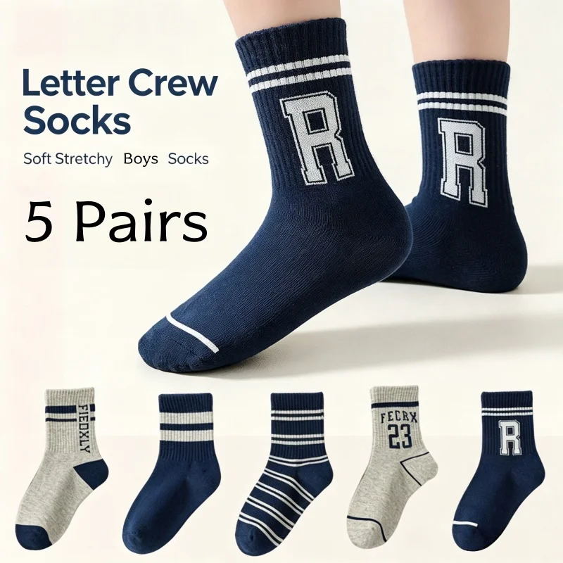 5 Paar Baumwollsocken für Jungen, gestreifte Sportsocken mit Schriftzügen, atmungsaktive, weiche Wadensocken für den täglichen Gebrauch von Kindern – Detail 7