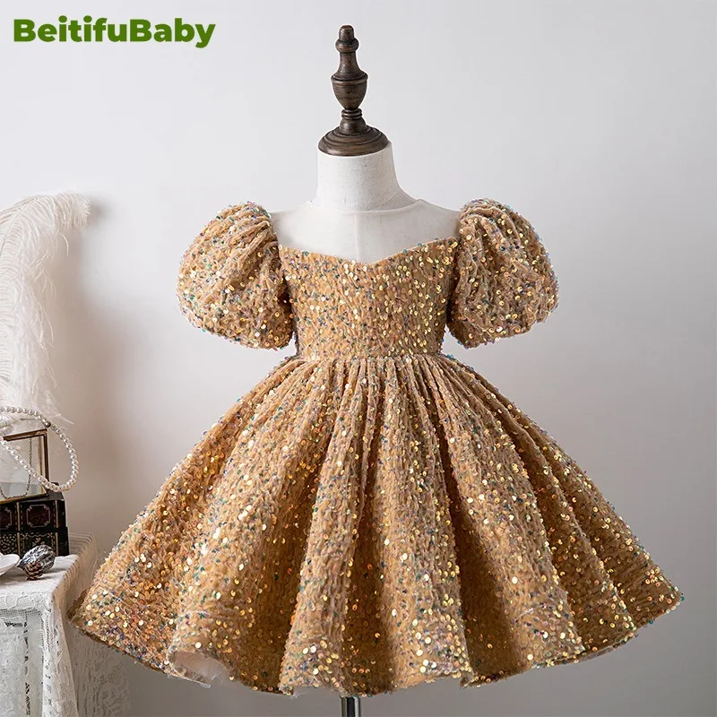 BeitifuBaby vestido de estilo princesa Retro para niños, fiesta de boda, Mangas de burbuja, lentejuelas, banquete, vestido de baile, vestidos de flores para niña