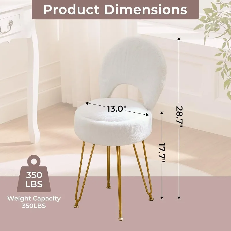 Faux Fur White Small Vanity Chair & Stool - Folding Back Storage Ottoman, Anti-Slip Golden V-Leg for Bedroom Makeup Room view 2