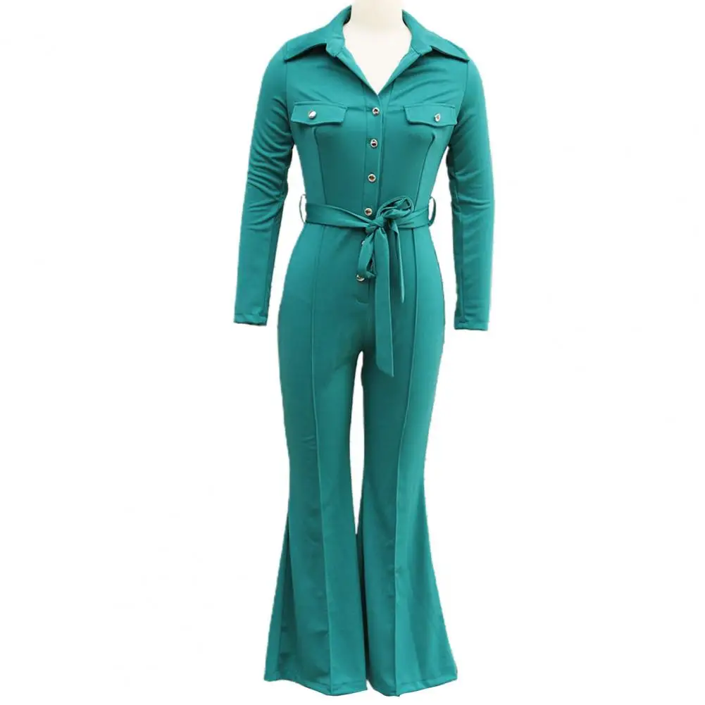 Fall Spring Women Jumpsuit Solid Color Half Single-breasted Jumpsuit Slim Flared Cuff Low-cut Belted High Waist Long Jumpsuit