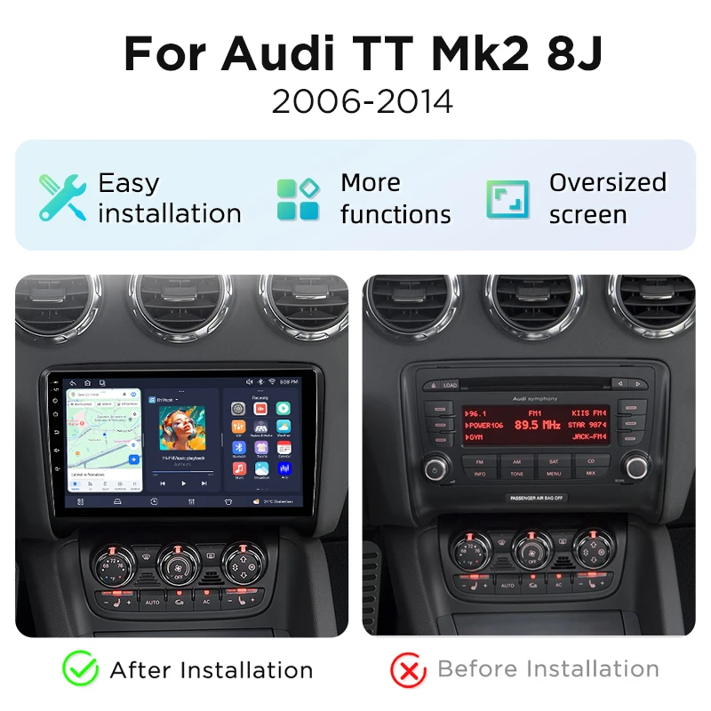 Radio para Auto Junsun de 8 Núcleos con 4G WiFi para Audi TT MK2 8J 2006 2007 2008 2009-2014, Pantalla IPS, CarPlay, Android Auto, GPS, Navegador, Estéreo, SWC, BT, FM, AM, RDS, DSP, 2Din, Mirror Link, Reproductor Multimedia, Chat de Voz con IA, Cámara 360 Opcional, Actualización OTA, Unidad Principal 2