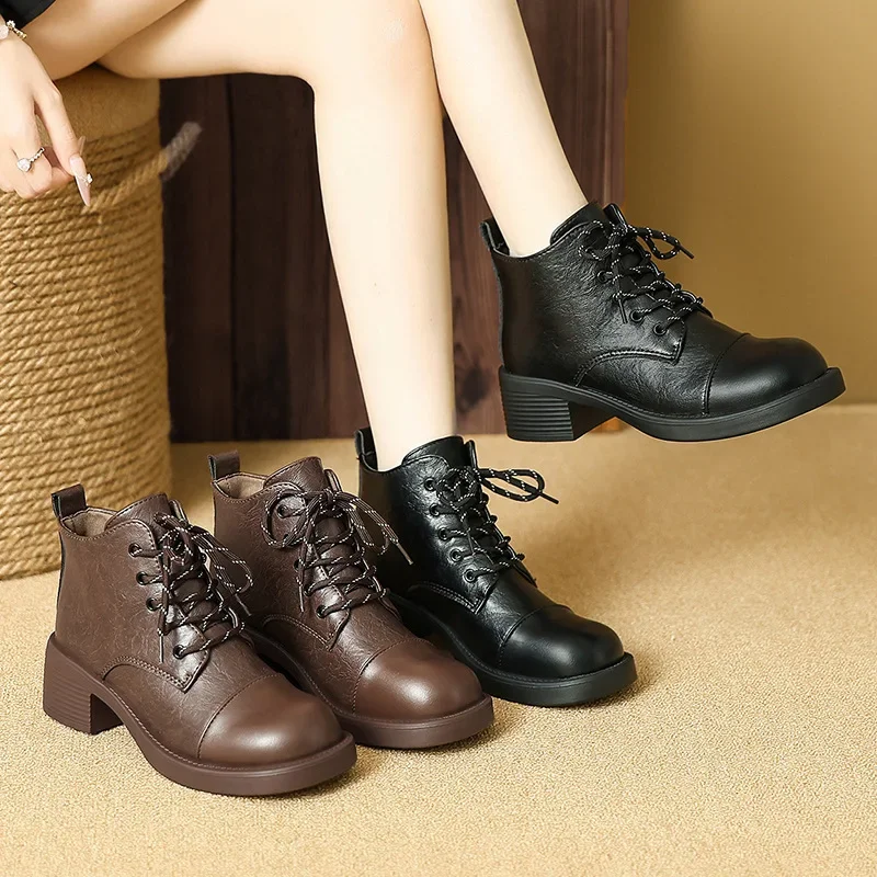 Women Short Boots  Autumn Winter New Fashion Lace Up Vintage Middle Heel Shoes Outdoor Non Slip Height Increase Ankle Boots