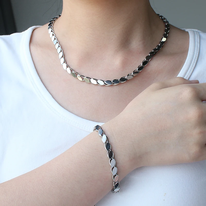 Mirror Polished Oval Leaf Link Necklace Stainless Steel Silver Tone Slim Mariner Chain Unisex Daily Wear Fashion Neck Jewelry