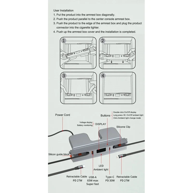 For Tesla Model 3 Highland Retractable Cable HUB Model Y Juniper 60W Fast Charger USB Docking Station LED Display Ambient Light