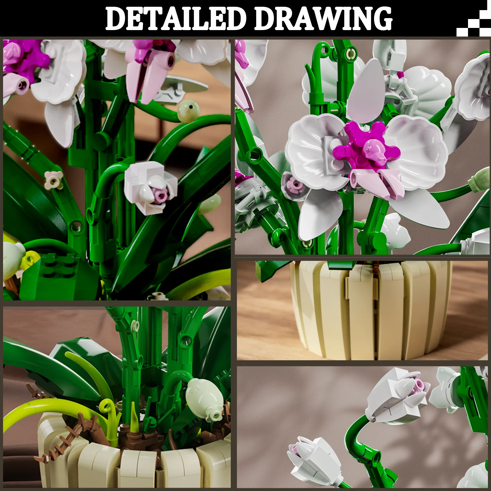 ชุดตัวต่อดอกกล้วยไม้สีขาว-ม่วง— แต่ละชิ้นของตัวต่อรูปดอกไม้จะมีลวดลายสลักอย่างละเอียด เหมาะสำหรับตกแต่งบ้านหรือใช้เป็นของตกแต่ง