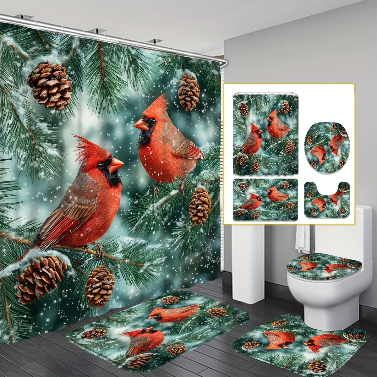 4Pcs Xmas Winter Scene Cardinal Pinecone Bath Set, 12 Hooks, Non-Slip Mat, U-Shaped Toilet Seat Cover, 4-Piece Set