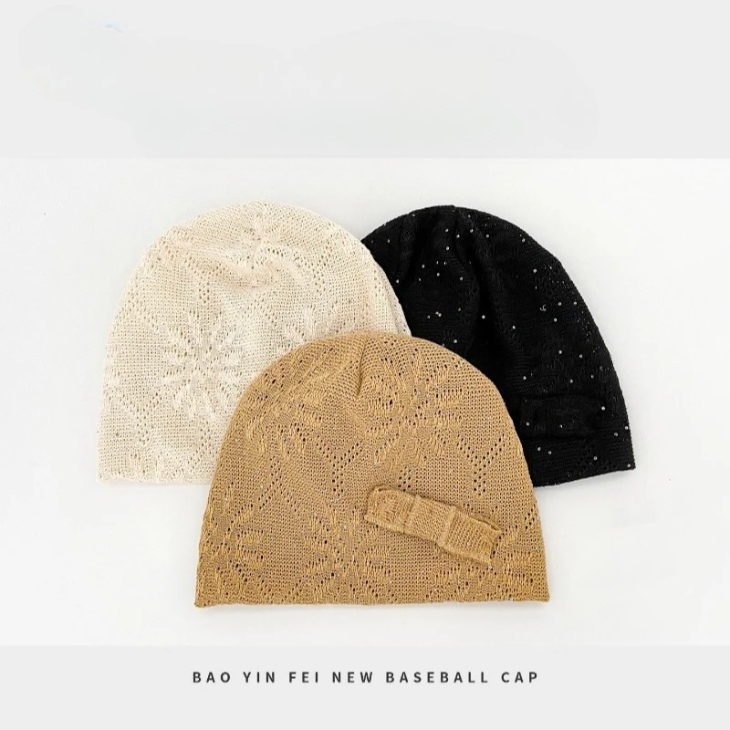 Koreanischer Stil Schleifen-Pailletten-Pullover-Mütze für Damen, Sommer und Herbst, dünn, atmungsaktiv, locker, für große Köpfe, Skull-Beanie-Kappen – Detail 5