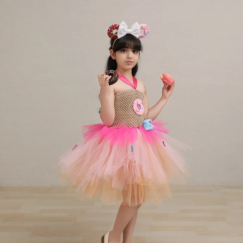 Sweet Donut Girl's Halloween Christmas Carnival Tulle Puff Skirt Chocolate Candy Children's Stage Party Performance Dress