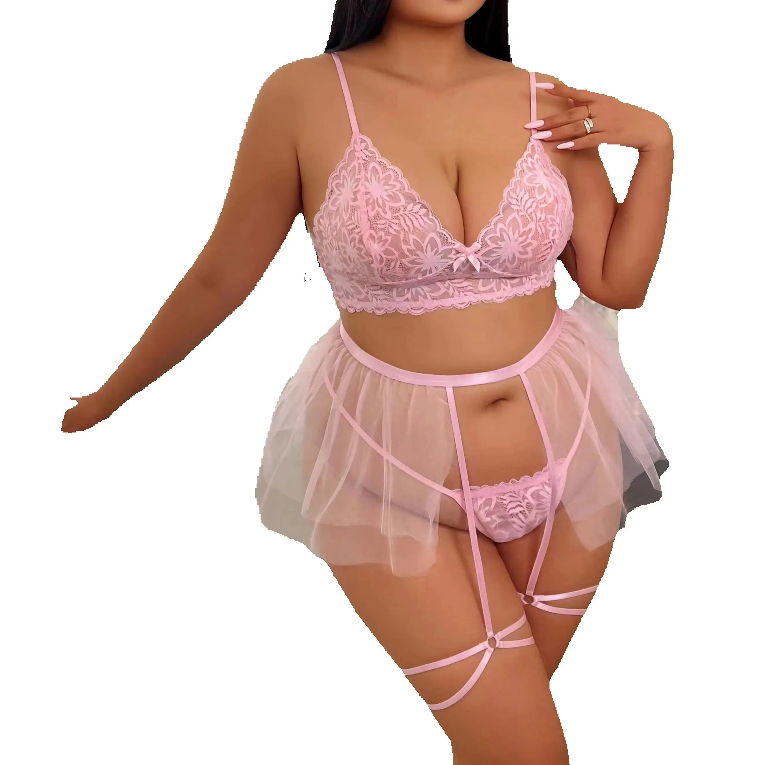 

Auntie Women's Sexy Lingerie Set 3-Piece Set Pink Lace Bra Puff Skirt Garter Panties Sheer Mesh Sleepwear Erotic Lingerie Ladies