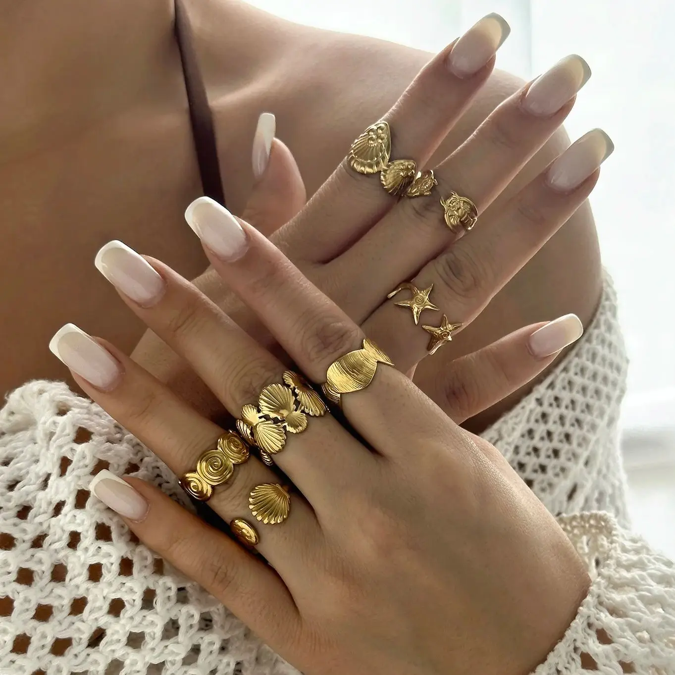 

Fashion Vintage Gold Color Starfish Shell Rings for Women Stainless Steel Flower Star Rings Friendship Party Finger Jewelry Gift