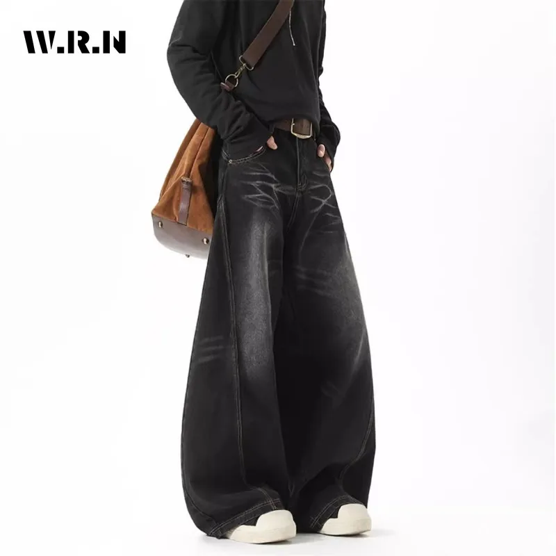 

Women Vintage Grunge 2000s Pants American Eclectic Waif Casual Jeans Y2K Harajuku Street Washed Pockets Black Denim Trouser