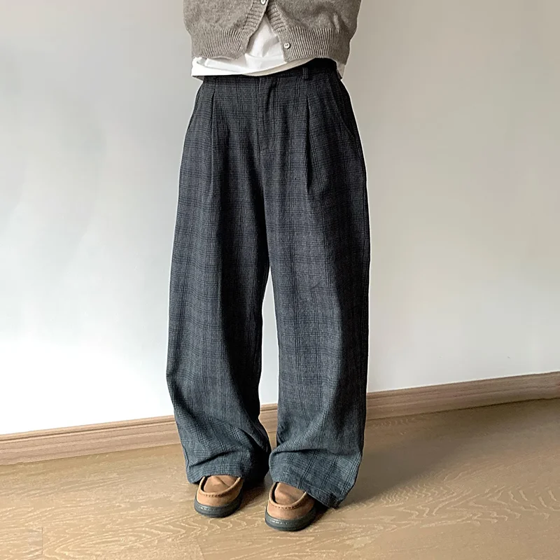 PFNW Menswear Vintage Woolen Plaid Casual Long Pants For Men Korean Trendy Loose Fit Wide Leg Pants Autumn Winter New 12C1561