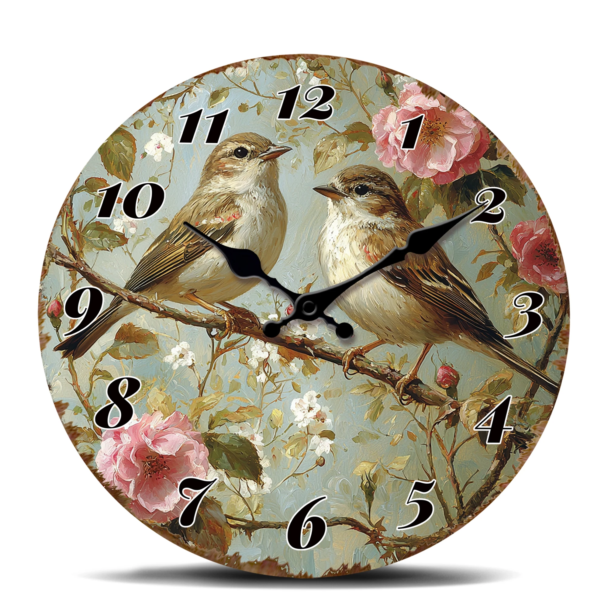 Vintage-Wanduhr mit Vögeln auf Ast, runde Wanduhr mit floralen Vogelmotiven, rustikale Zeitmesser im Landhausstil für das Wohnzimmer