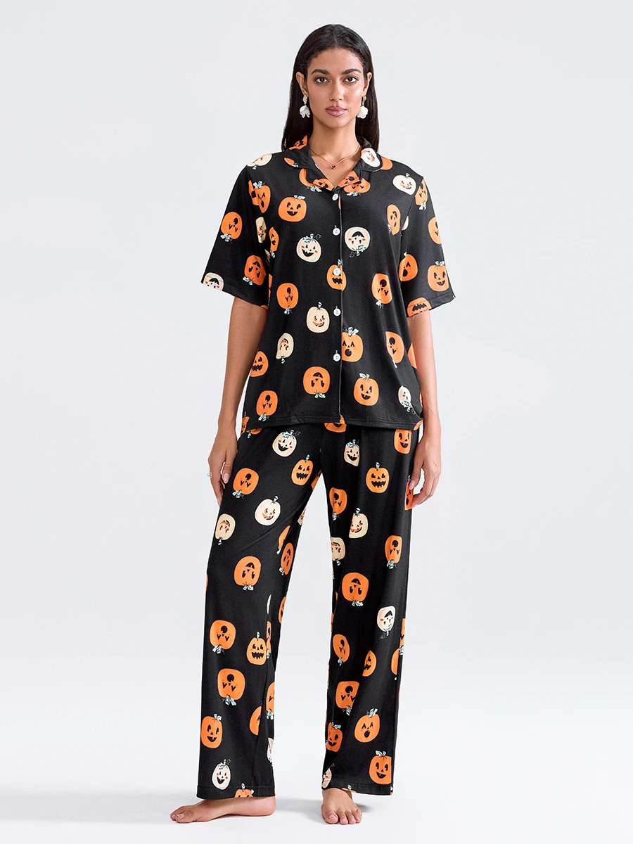 Women Halloween Pumpkin Print Lapel Collar Button Pajama Set Short Sleeve Shirt With Pants Sleepwear Loungewear Homesuits