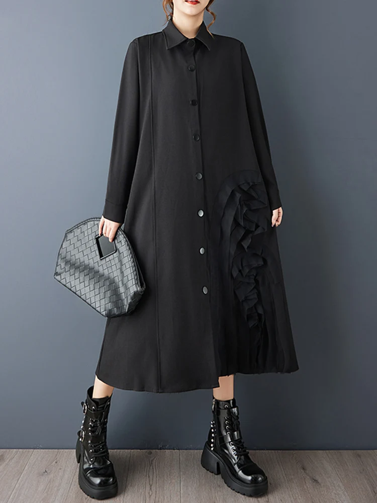 Oversized retalhos preto vintage camisa vestidos para as mulheres primavera outono nova manga longa solto vestido casual roupas elegantes 2025