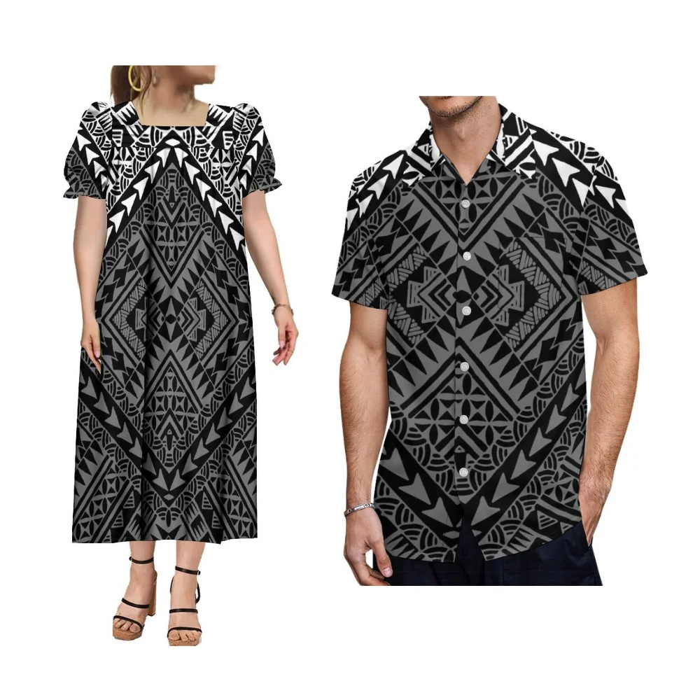 Micronesia ilha floral impressão mumu feminino pescoço quadrado vestido polinésia camisa masculina casal conjunto elegante vestido de noite para festa