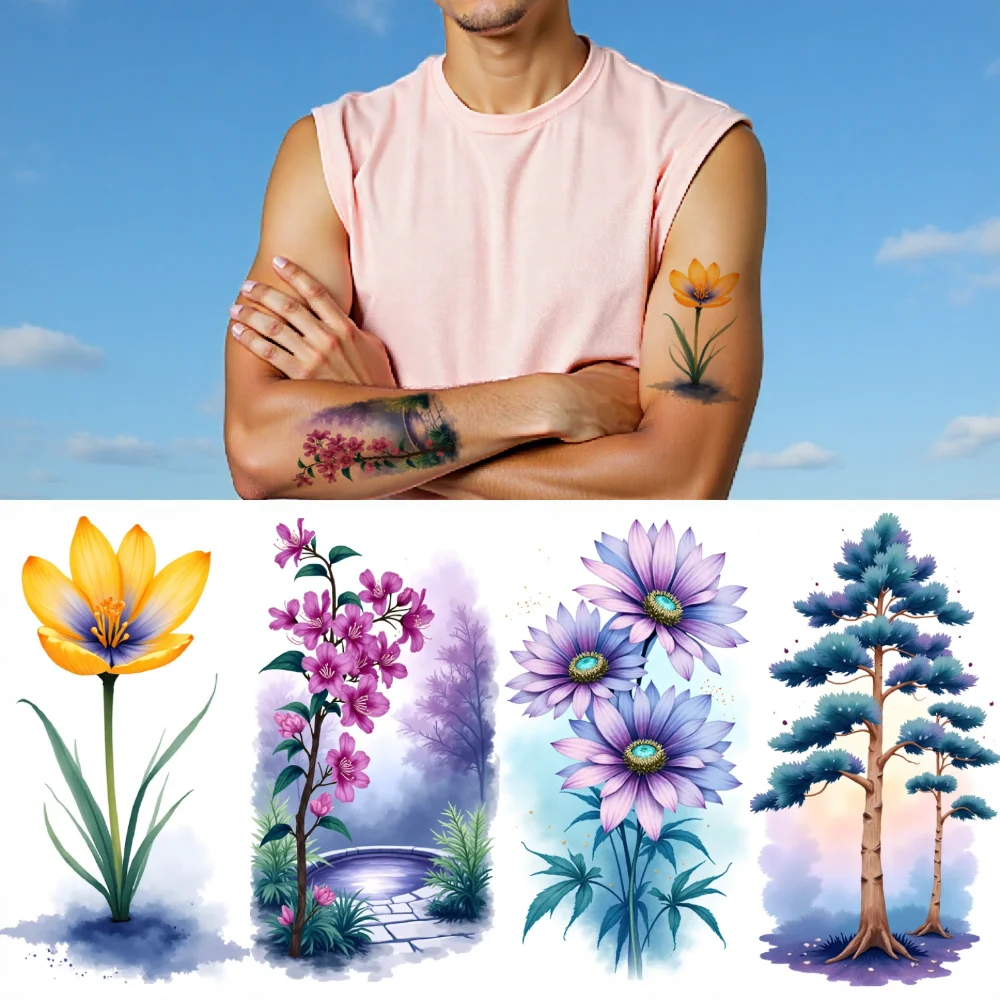 

9pcs Temporary Tattoo Floral Illustrations Temporary Tattoo Stickers Botanical Art Watercolor For Chest Arms Children