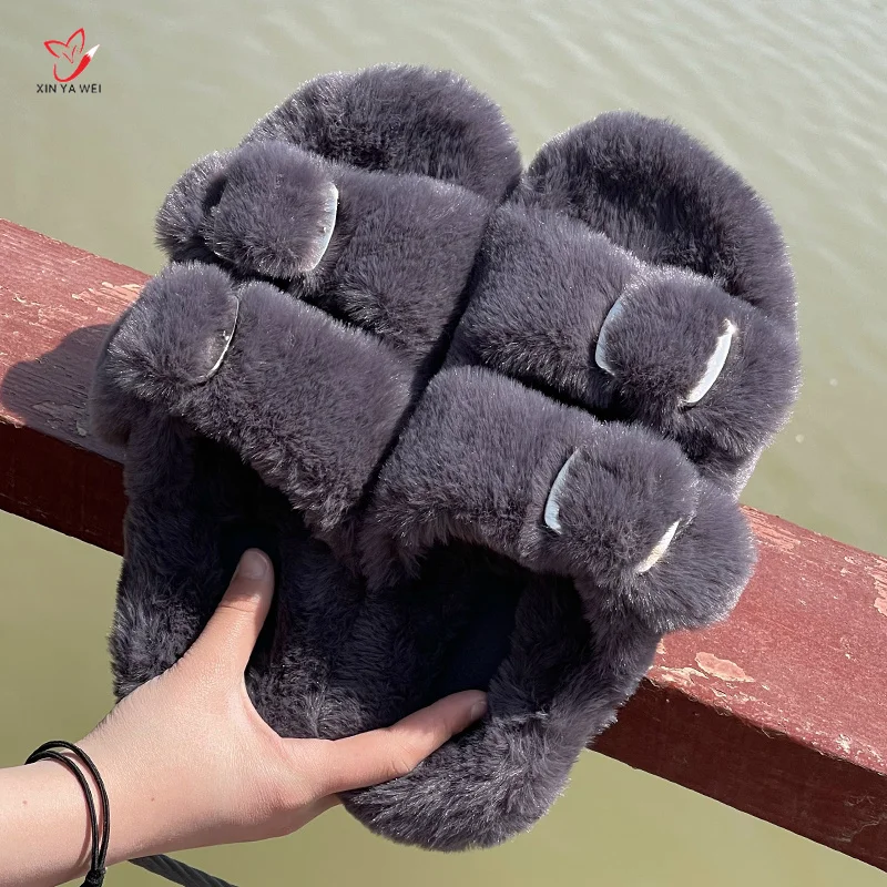 New Women\'s Plush Slippers Winter Soft Fluffy Slippers Home Flat Slides Indoor Shoes Women Ladies Flip-Flops Faux Fur Slippers