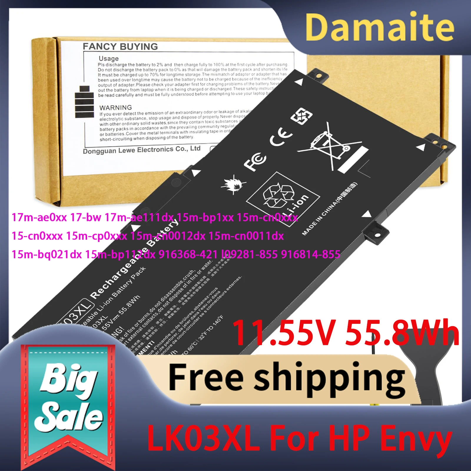 

Damaite 11.55V LK03XL Laptop Battery For Hp Envy 17m-ae0xx 17-bw 17m-ae111dx 15m-bp1xx 15m-bq021dx 15m-bp112dx 916368-421