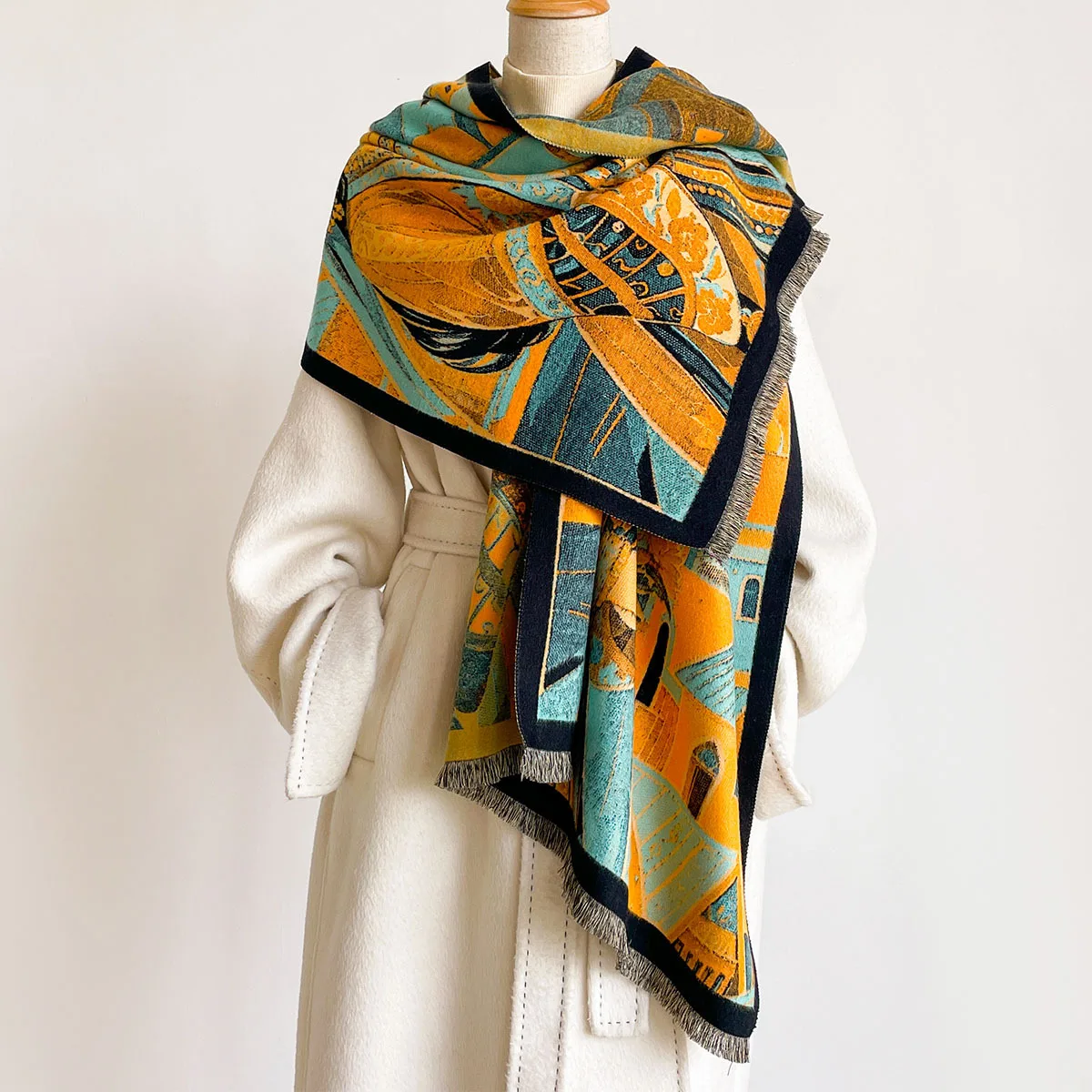 Soft Thick Imitation Cashmere Shawl Wrap For Women Western Region Maiden Ancient City Oil Painting Reversible Tassel Design