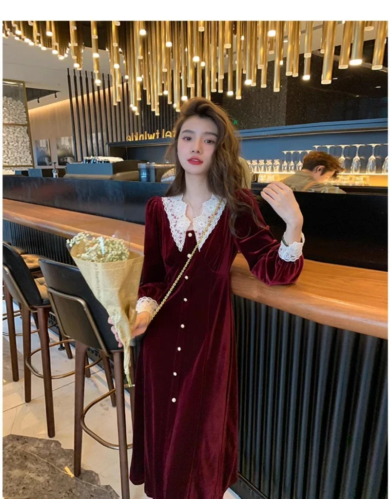 Spring Fall Women V Neck Lace Patchwork High Waited Full Sleeve Wine Red Velvet Dress , Woman Clothing Vintage Dresses