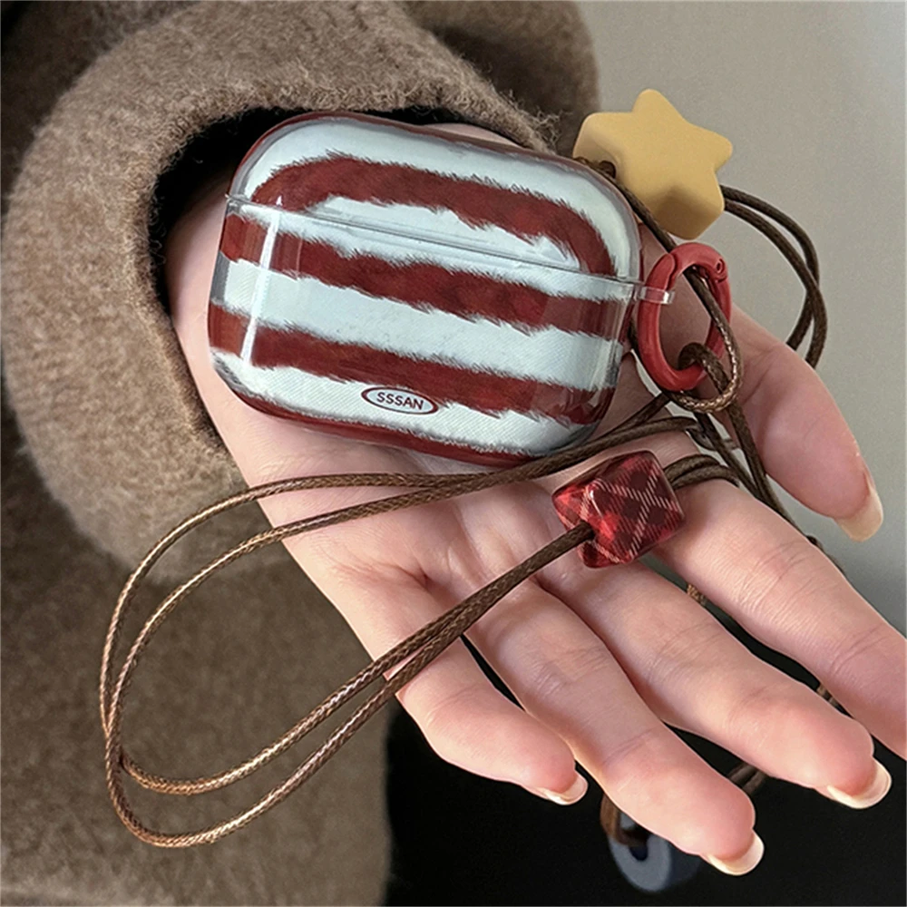 Cute 3D Blue Brown Stripe Pattern Headphones Case For AirPods 1 2 3 4 With Lanyard Protective Shell Soft Cover For AirPods Pro 2