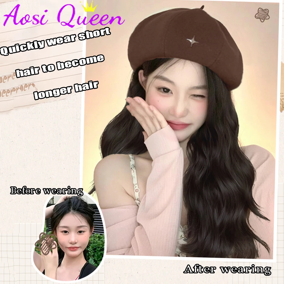 AOSI 15-inch Long Curly Hair With Black Beret Synthetic 2023 New Fashion Natural Autumn And Winter Wig Cap