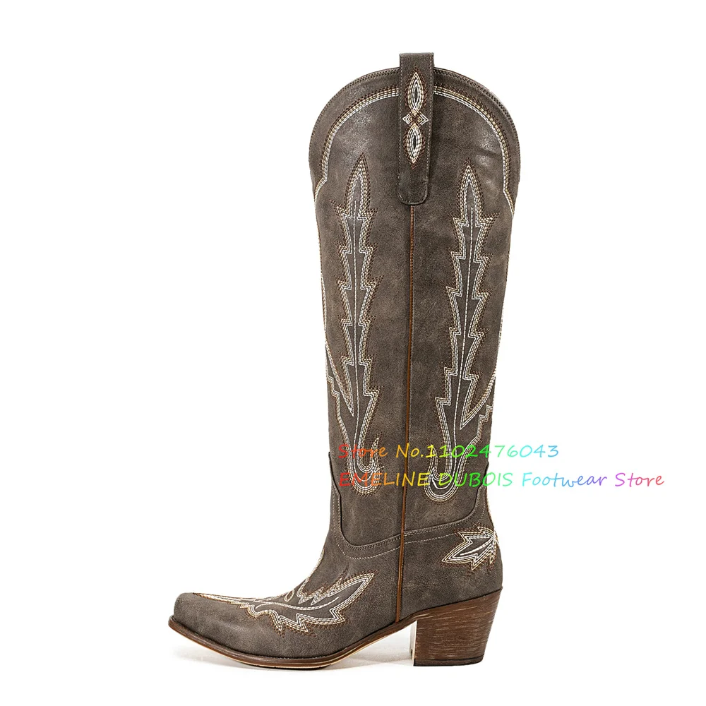 Retro Embroidered Print Chunky Heel Knee High Boot Women Pointed Toe Thick Heel Knight Boots Slip On Western Cowboy Boots