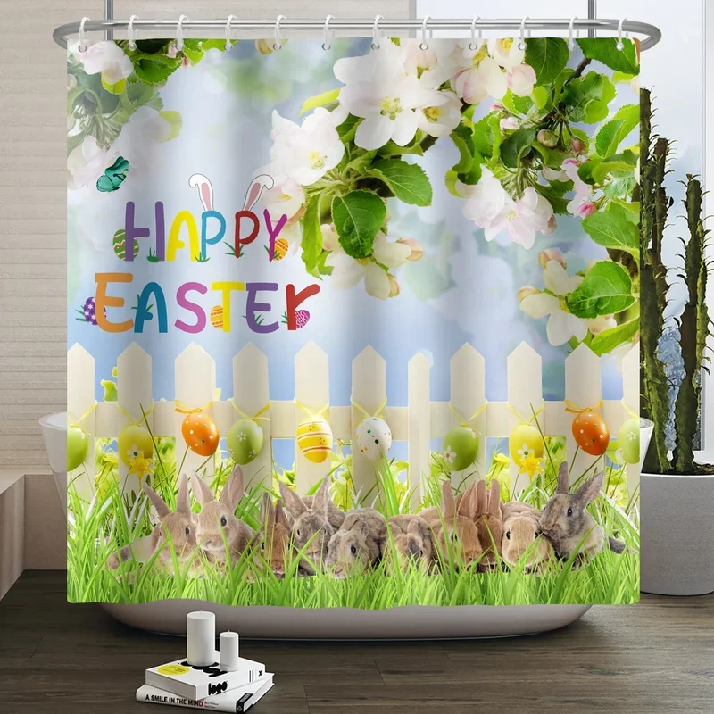 Spring Easter Shower Curtain Happy Rabbit Bunny Eggs Flower Garden Floral Holiday Waterproof Bathroom Shower Curtain With Hooks