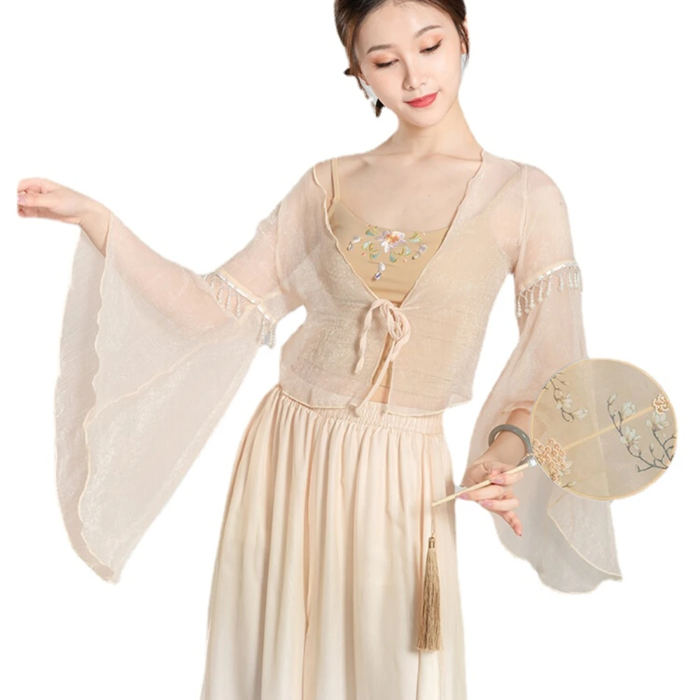 Robe de danse en gaze pour femmes, vêtement élégant, haut en perles, Costume classique chinois, vêtements d'exercice féerique, danse chanson chinoise