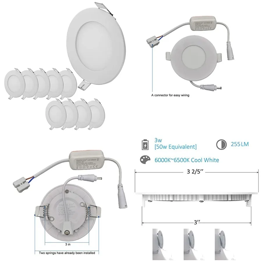 

3 Inch 3 Watt Ultra-Thin Recessed Ceiling Light, 255Lm Energy Saving LED Slim Round Downlight, 6000K~6500K Cold White, Pack of