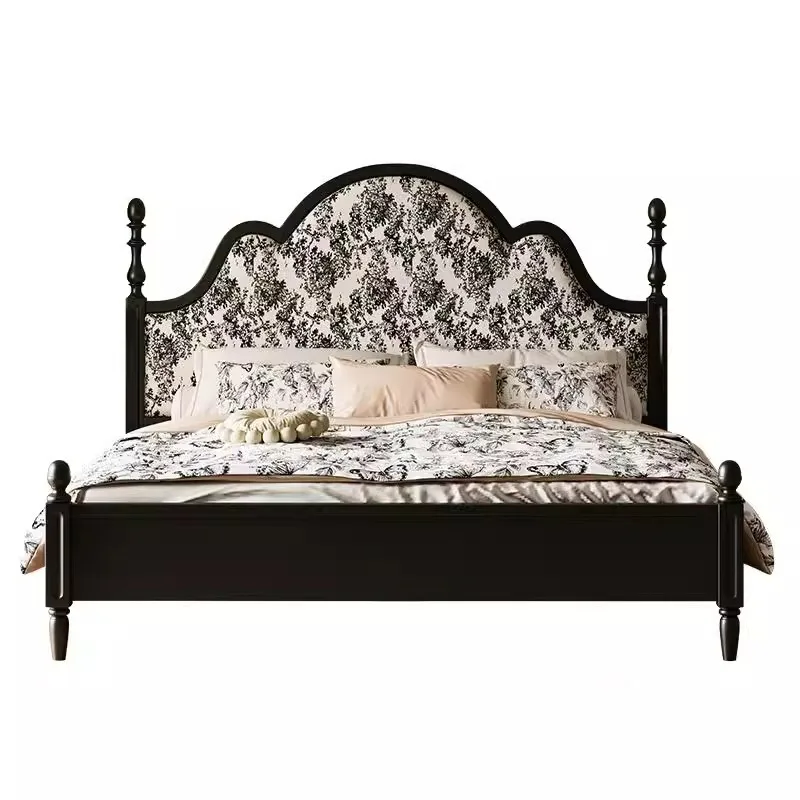 French retro black 1.8 meters double bed master bedroom all solid wood American bed simple fabric soft bag medium and ancient wi