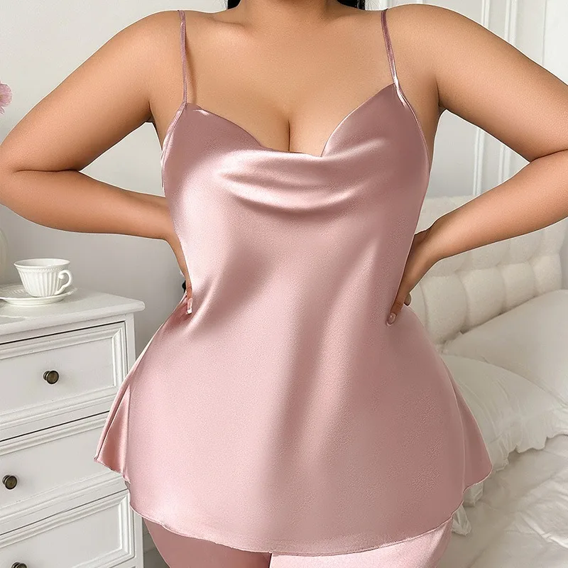 PLUS SIZE Female Suspender Pijamas Suit Intimate Lingeri Sexy Ice Silk Sleewpwear Home Clothes Loose Casual Pajamas Loungewear
