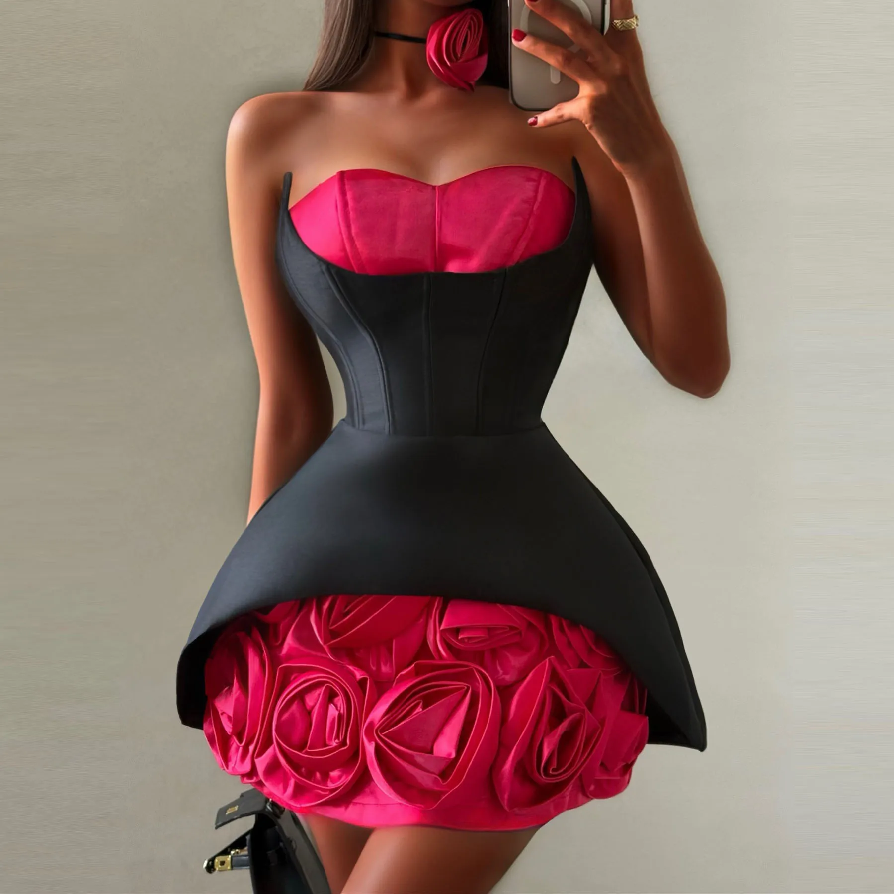 

Шикарное мини-платье-корсет без бретелек с 3D-прикрасами розы — черное и клубное платье цвета фуксии, винтажный гламурный стиль с баской