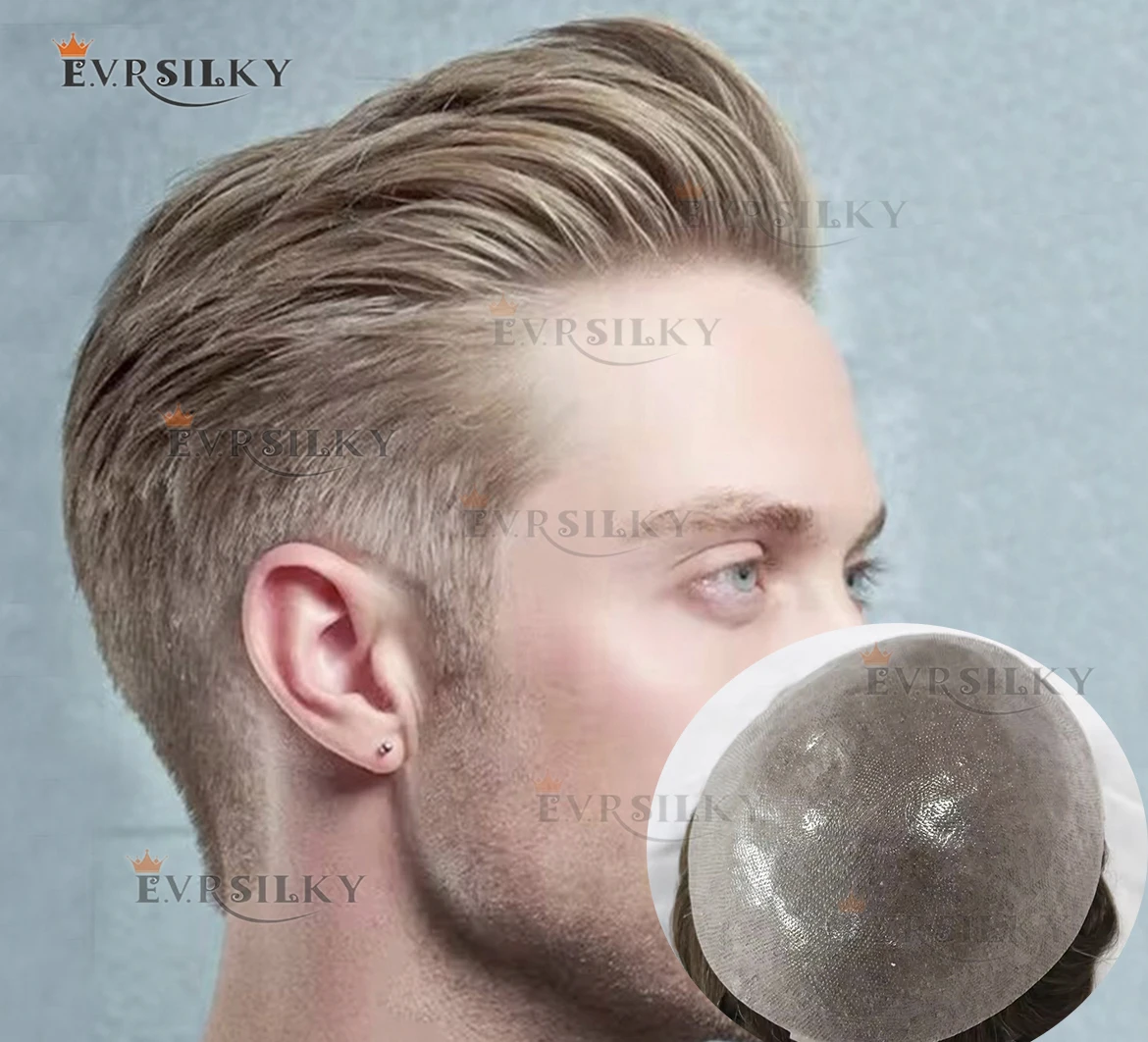 

Натуральная линия волос Белый Блондин Мужской парик 0,06 мм V-образная петля Прочный Тонкая кожа Полный кремний Поли ПУ Серый 1B65 Парик из человеческих волос Капиллярный