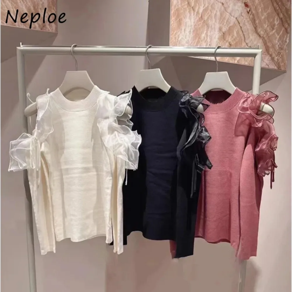 Neploe O Neck Butterfly Sleeve Sweet Solid Jumper Casual Fungus Elegant Shoulder Strapless Sweaters Japan Voile Knit Moda Tops