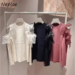 Neploe O Neck Butterfly Sleeve Sweet Solid Jumper Casual Fungus Elegant Shoulder Strapless Sweaters Japan Voile Knit Moda Tops