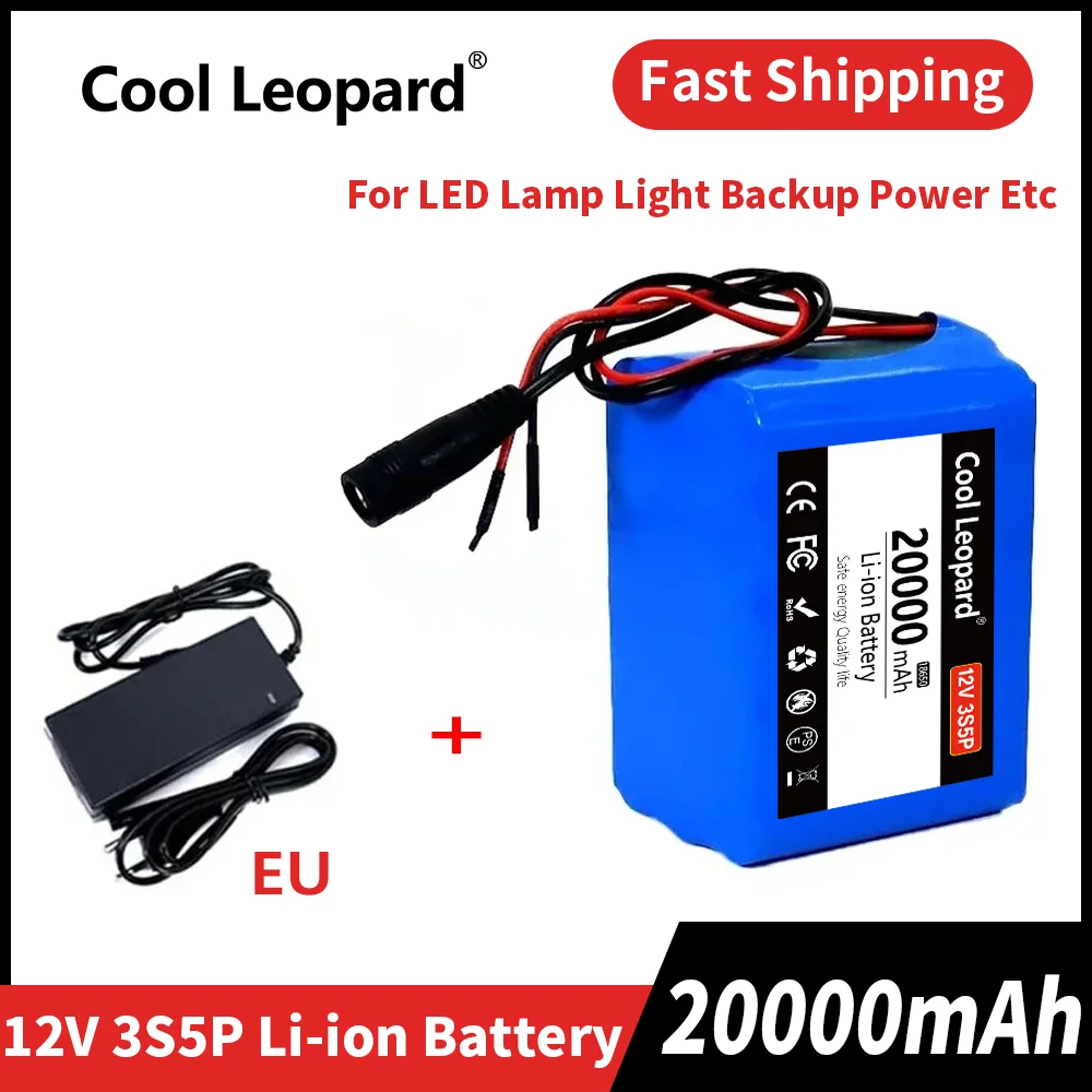 12V 20Ah 18650 Lithium Battery Pack 3S5P Rechargeable Battery with BMS 12.6v Charger for Fishing Bicycle Large Capacity Battery