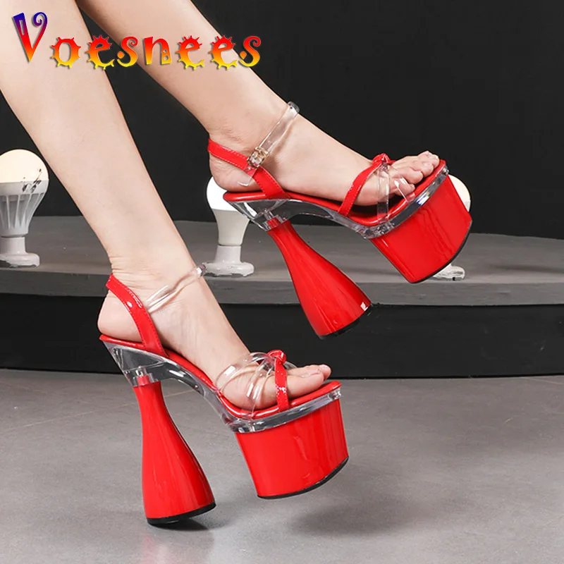 Women Sandals Transparent PVC Open Toes 17.5CM Sexy Super High Heels 2022 Patent Leather Nightclub Platform Party Wedding Shoes