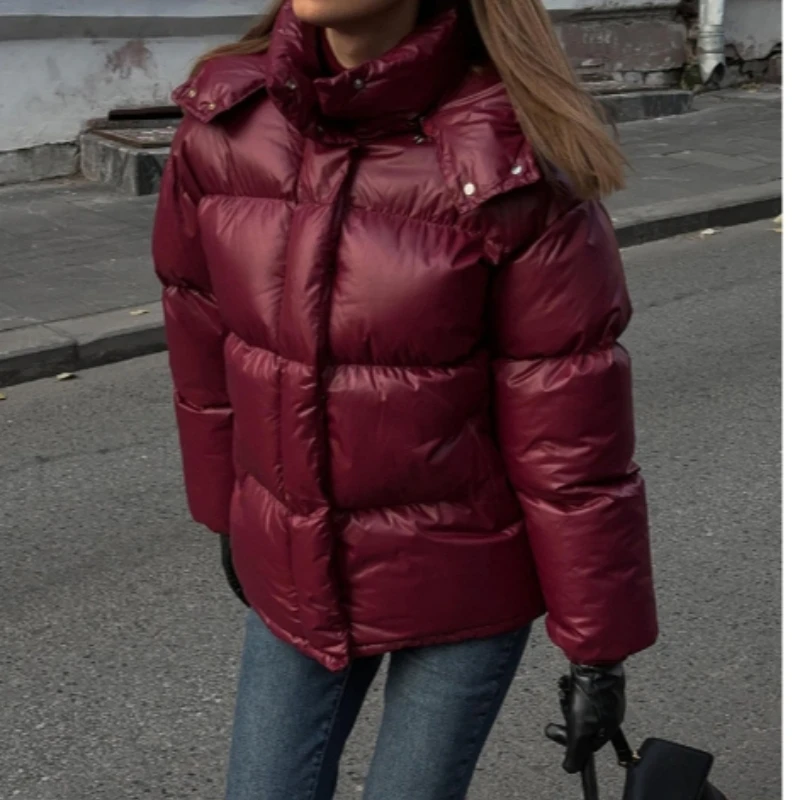 

2024 Winter Solid Color Comfortable Simple Bright Hooded Warm Cotton-Padded Jacket Women's Dress