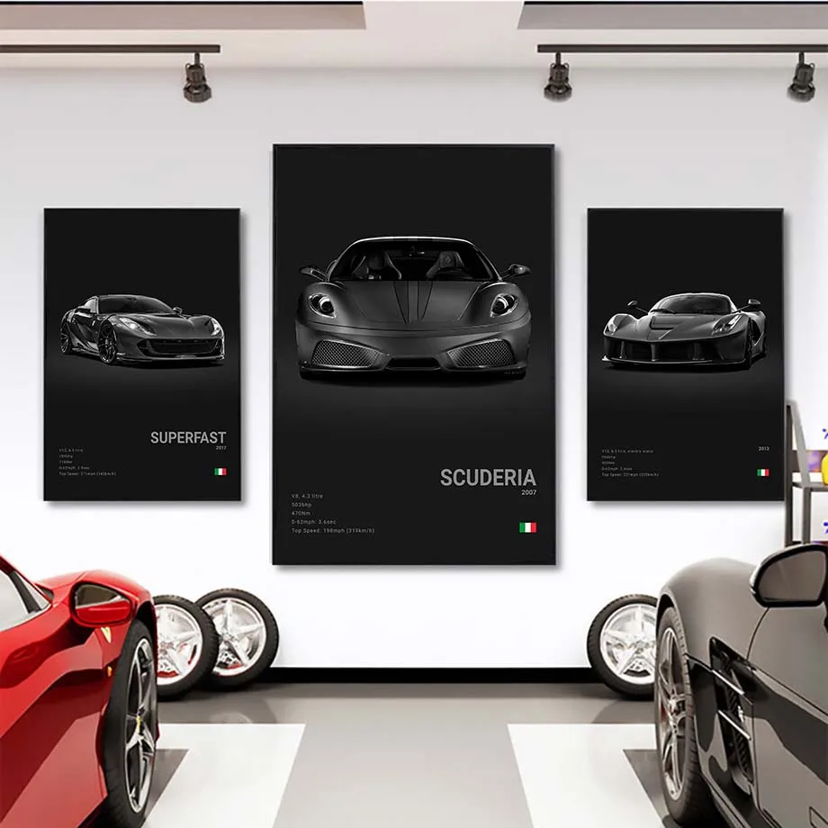 Pop Black and White Italy Cars Luxury Super Sport Car Poster Aesthetic F40 GTO GTB Canvas Print For Wall Art Garage Room Decor