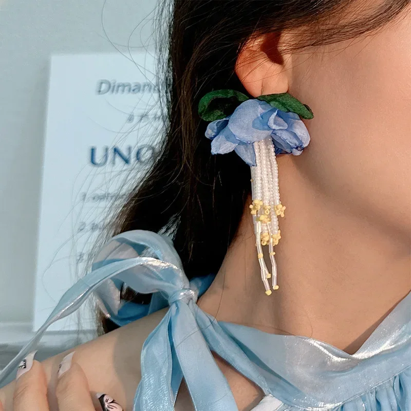 Bohemian Fabric Long Flower Earrings Big Statement Earrings Fringe Beads Drop Earrings Women Jewelry Handmade Vintage Earrings