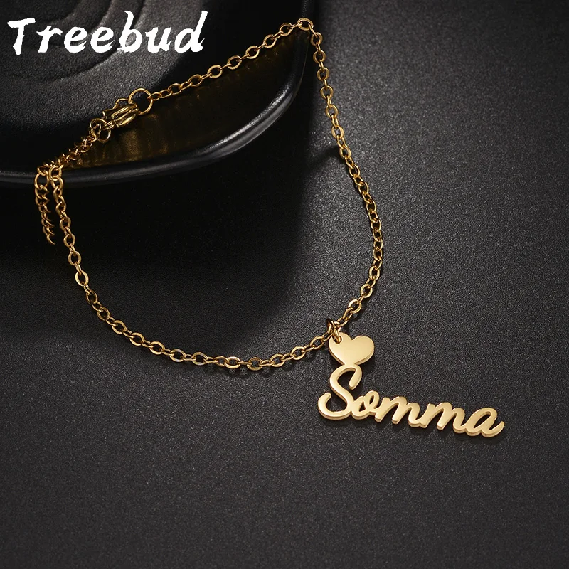 

Браслеты на ногу Treebud с инициалом имени сердца, браслеты из нержавеющей стали для женщин, индивидуальное название Подвеска Украшения Подарки