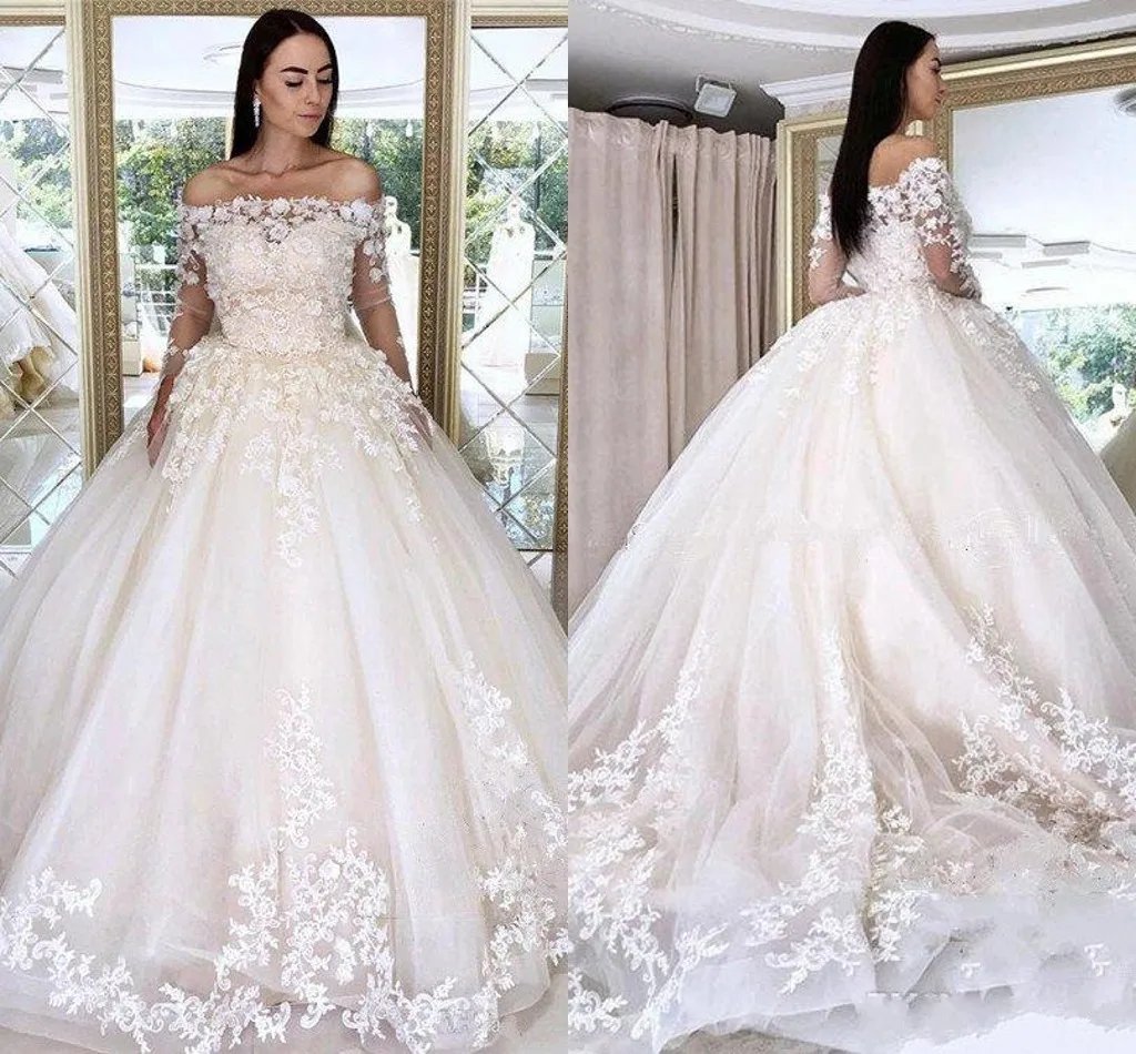 Customized  Off the  Shoulder  3D Lace Appliques Wedding Dresses  Robe De Mariee Luxe  Ballgown Puffy Long Sleeves Bridal Gown